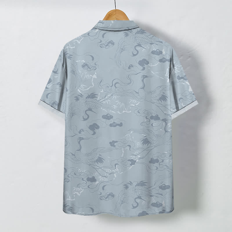 Buddha Stones Camisa transpirable de manga corta para hombre con botones y estampado de grullas en las nubes - image 1