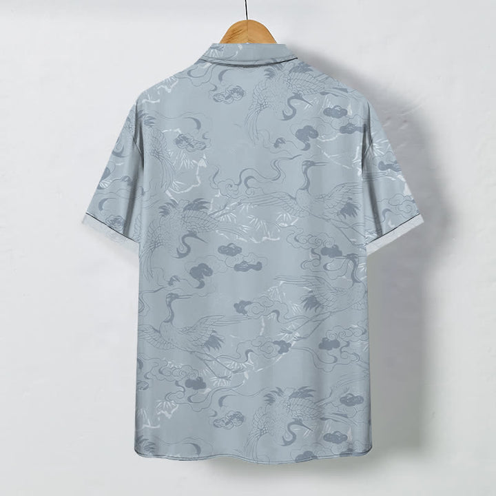 Buddha Stones Camisa transpirable de manga corta para hombre con botones y estampado de grullas en las nubes - image 1