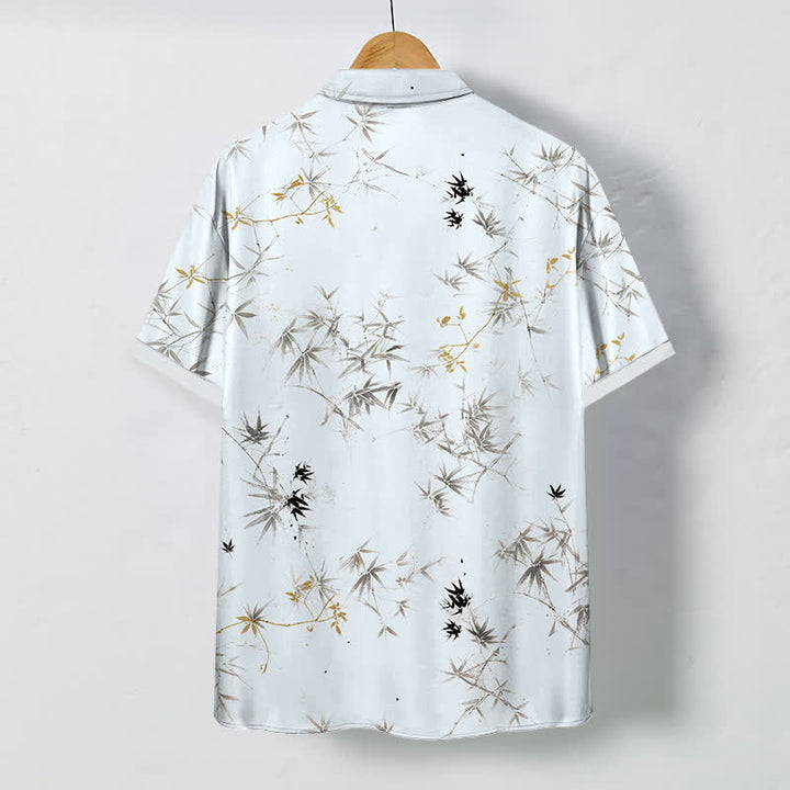 Buddha Stones Camisa de manga corta transpirable para hombre con botones y estampado de hojas de bambú. - image 1