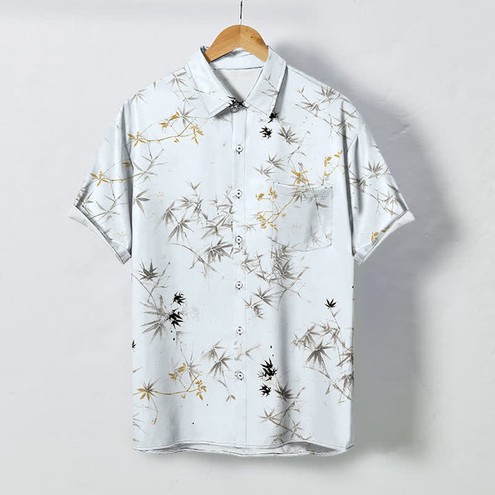 Buddha Stones Camisa de manga corta transpirable para hombre con botones y estampado de hojas de bambú. - Blanco - US/UK/AU48, UE58 (4XL) - image 0
