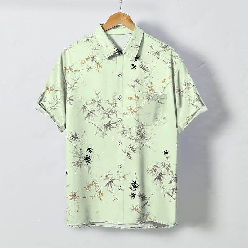 Buddha Stones Camisa de manga corta transpirable para hombre con botones y estampado de hojas de bambú. - Gotas de miel - US/UK/AU48, UE58 (4XL) - image 3
