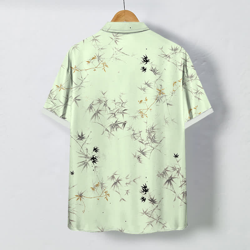 Buddha Stones Camisa de manga corta transpirable para hombre con botones y estampado de hojas de bambú. - image 4