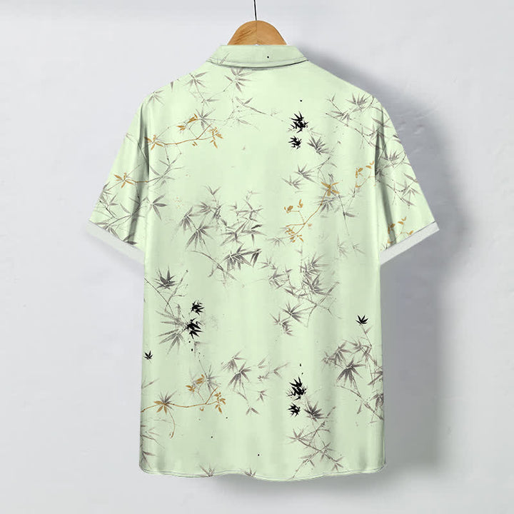 Buddha Stones Camisa de manga corta transpirable para hombre con botones y estampado de hojas de bambú. - image 4