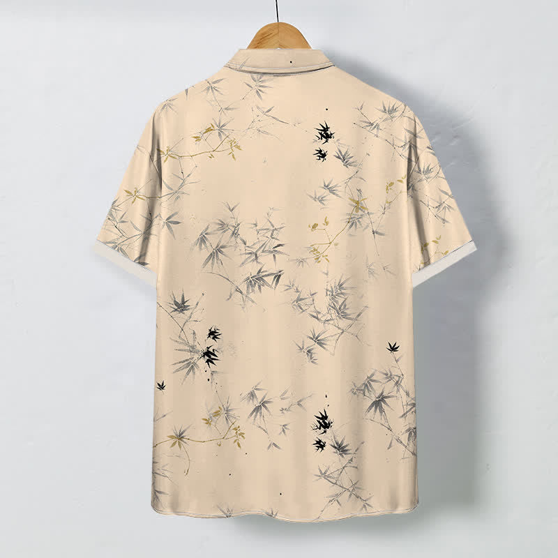 Buddha Stones Camisa de manga corta transpirable para hombre con botones y estampado de hojas de bambú. - image 6