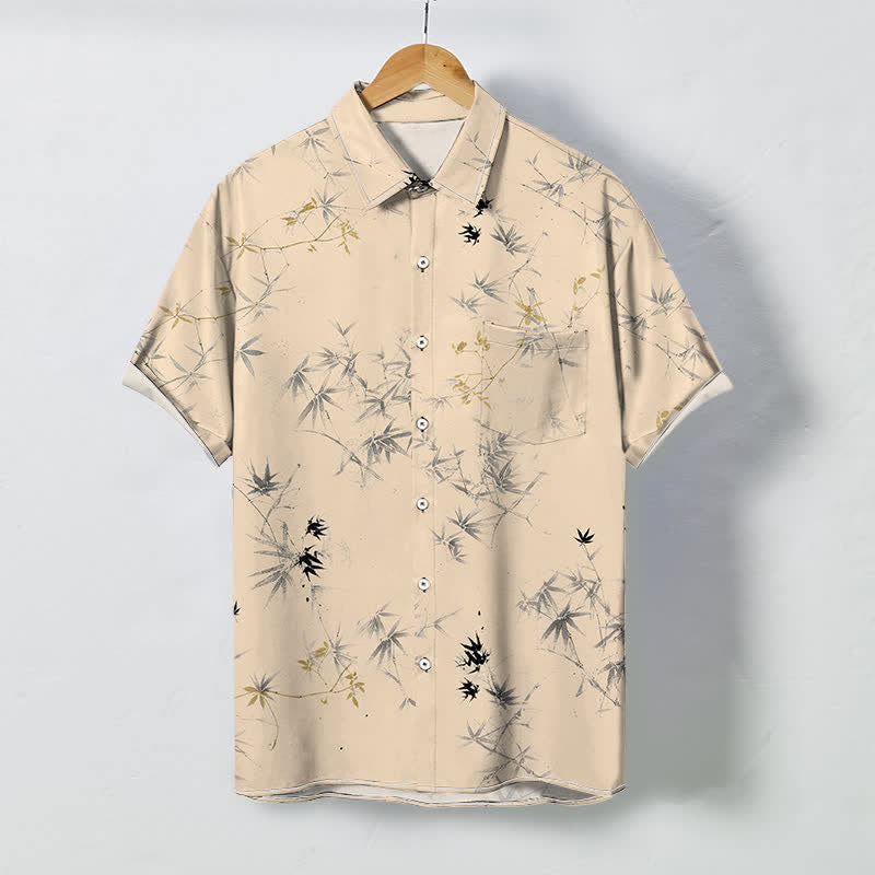 Buddha Stones Camisa de manga corta transpirable para hombre con botones y estampado de hojas de bambú. - Trigo - US/UK/AU48, UE58 (4XL) - image 5