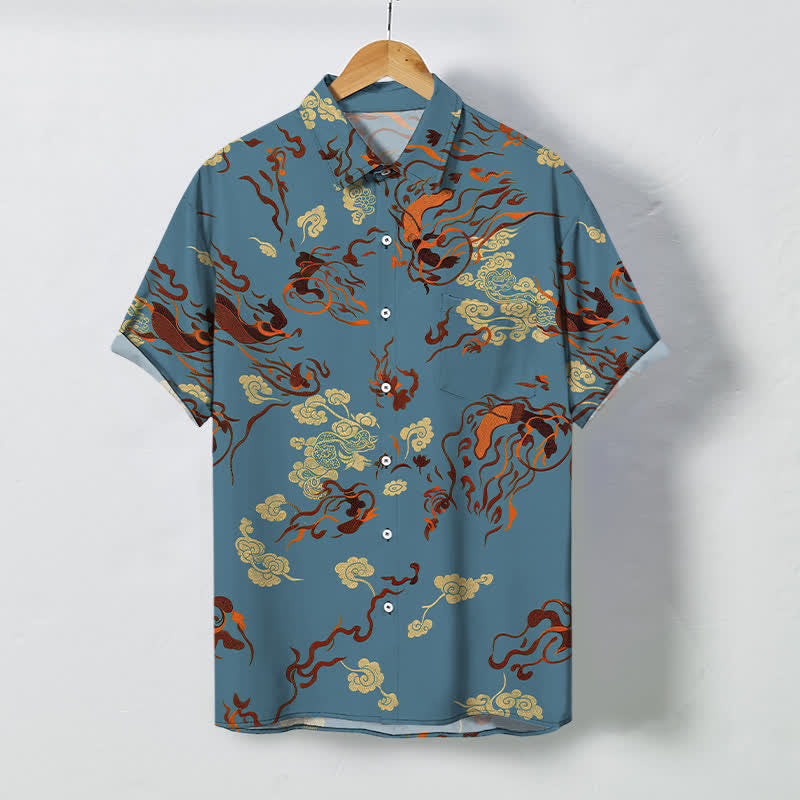 Buddha Stones Camisa transpirable de manga corta para hombre con botones y estampado abstracto de remolinos en tonos tierra. - Azul acero - US/UK/AU48, UE58 (4XL) - image 5