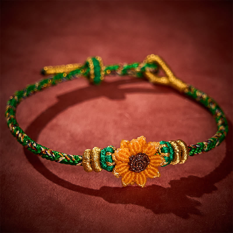 Buddha Stones Pulsera tejida a mano con hilo colorido verde y amarillo con diseño de girasol y la palabra "esperanza". - image 4