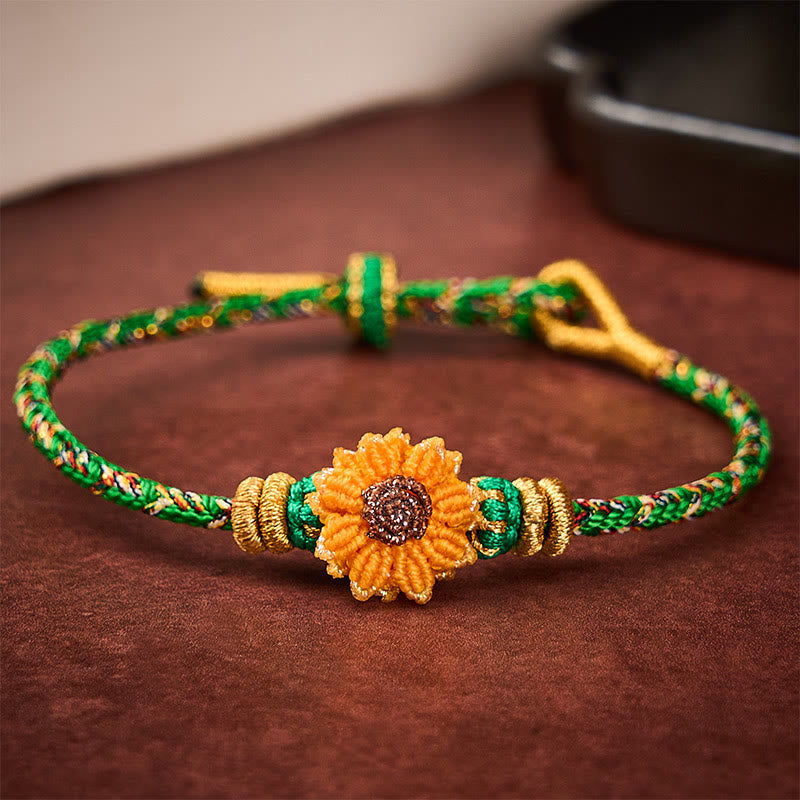 Buddha Stones Pulsera tejida a mano con hilo colorido verde y amarillo con diseño de girasol y la palabra "esperanza". - image 1
