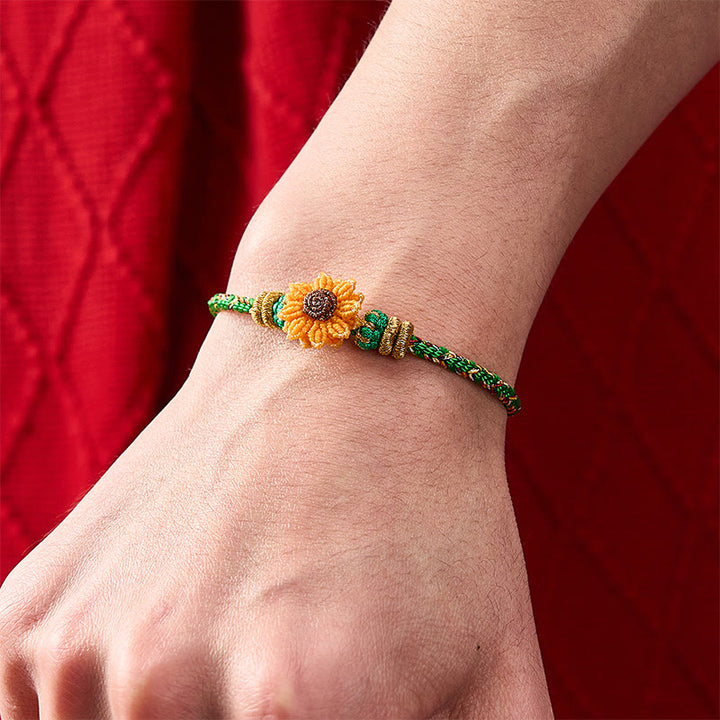 Buddha Stones Pulsera tejida a mano con hilo colorido verde y amarillo con diseño de girasol y la palabra "esperanza". - image 5