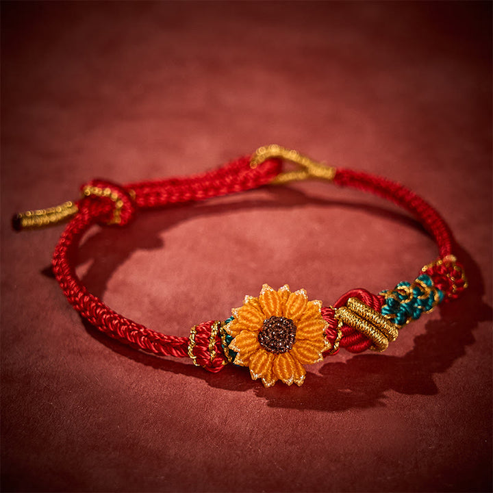 Buddha Stones Pulsera de la suerte tejida a mano con hilo rojo, flor de durazno y girasol - image 14