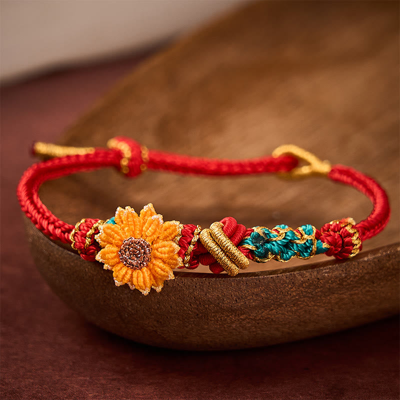 Buddha Stones Pulsera de la suerte tejida a mano con hilo rojo, flor de durazno y girasol - image 13