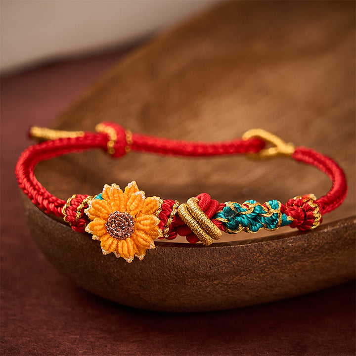 Buddha Stones Pulsera de la suerte tejida a mano con hilo rojo, flor de durazno y girasol - image 13