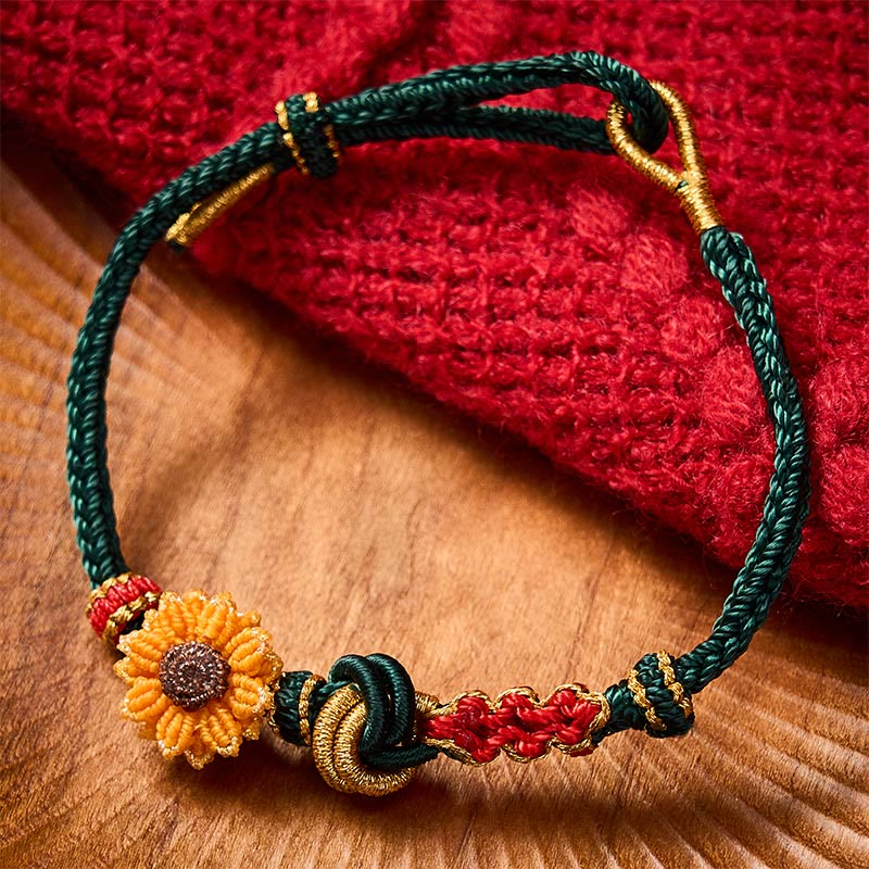 Buddha Stones Pulsera de la suerte tejida a mano con hilo rojo, flor de durazno y girasol - image 1