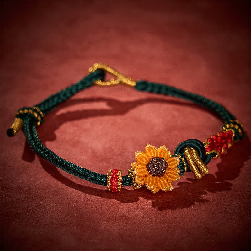Buddha Stones Pulsera de la suerte tejida a mano con hilo rojo, flor de durazno y girasol - image 2