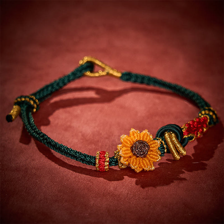 Buddha Stones Pulsera de la suerte tejida a mano con hilo rojo, flor de durazno y girasol - image 2