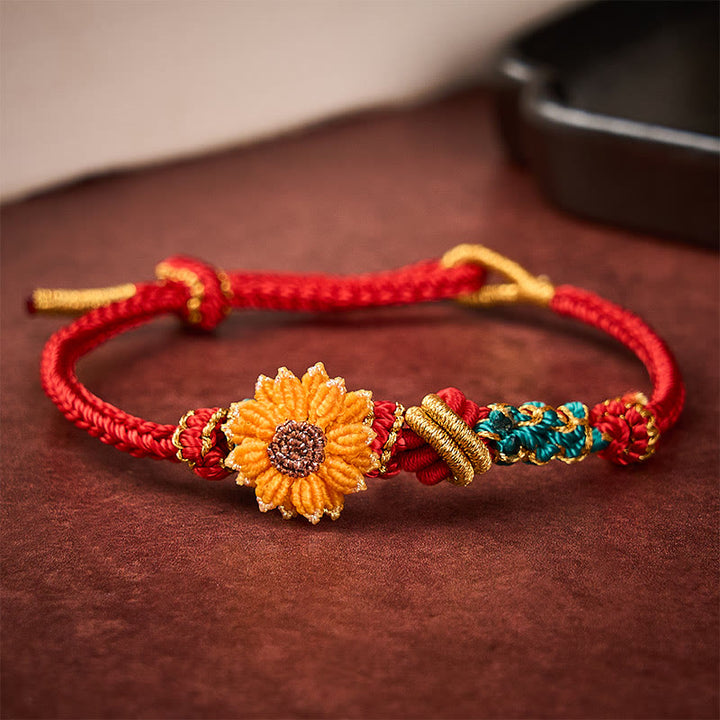 Buddha Stones Pulsera de la suerte tejida a mano con hilo rojo, flor de durazno y girasol - Rojo (Circunferencia de la muñeca: 5,51-7,48 pulgadas / 14-19 cm) - image 11