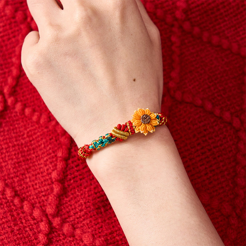 Buddha Stones Pulsera de la suerte tejida a mano con hilo rojo, flor de durazno y girasol - image 16