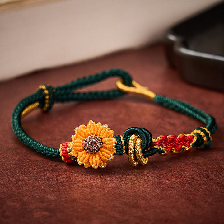 Buddha Stones Pulsera de la suerte tejida a mano con hilo rojo, flor de durazno y girasol - Verde (Circunferencia de la muñeca: 5,51-7,48 pulgadas / 14-19 cm) - image 0