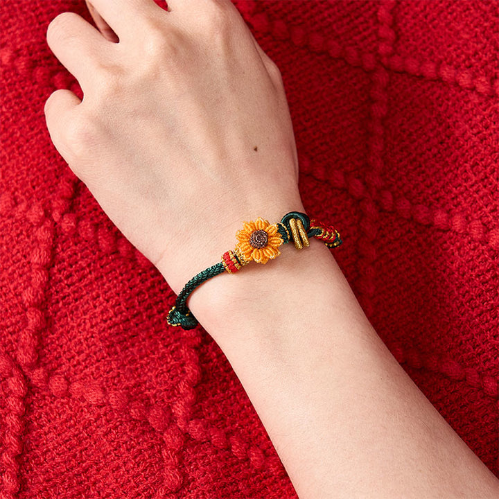 Buddha Stones Pulsera de la suerte tejida a mano con hilo rojo, flor de durazno y girasol - image 8