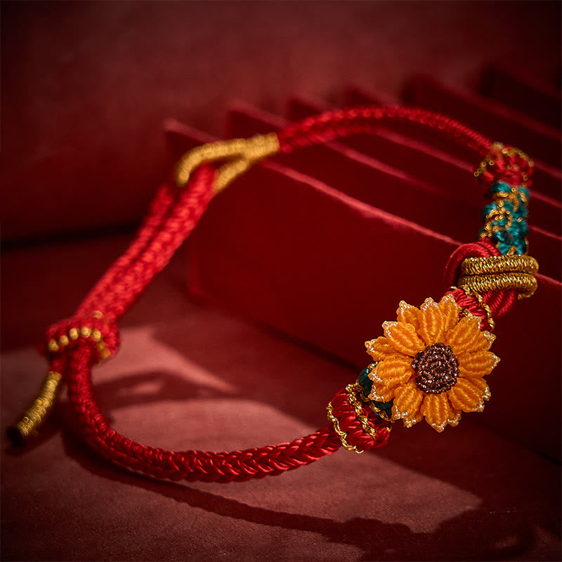 Buddha Stones Pulsera de la suerte tejida a mano con hilo rojo, flor de durazno y girasol - image 15