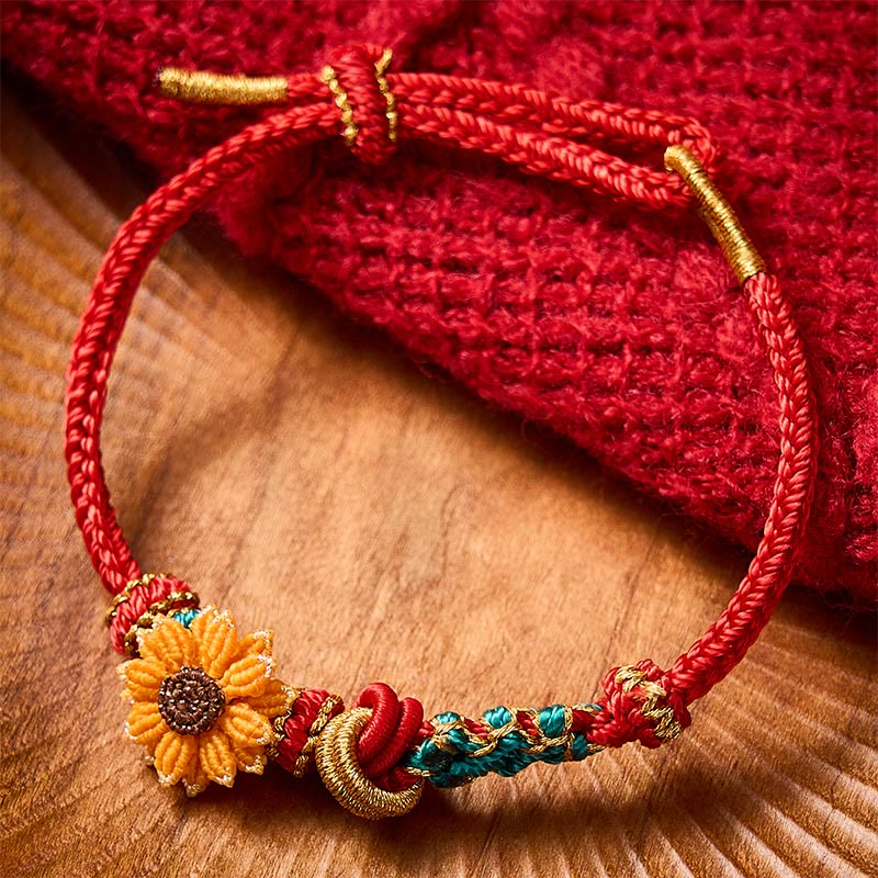 Buddha Stones Pulsera de la suerte tejida a mano con hilo rojo, flor de durazno y girasol - image 12