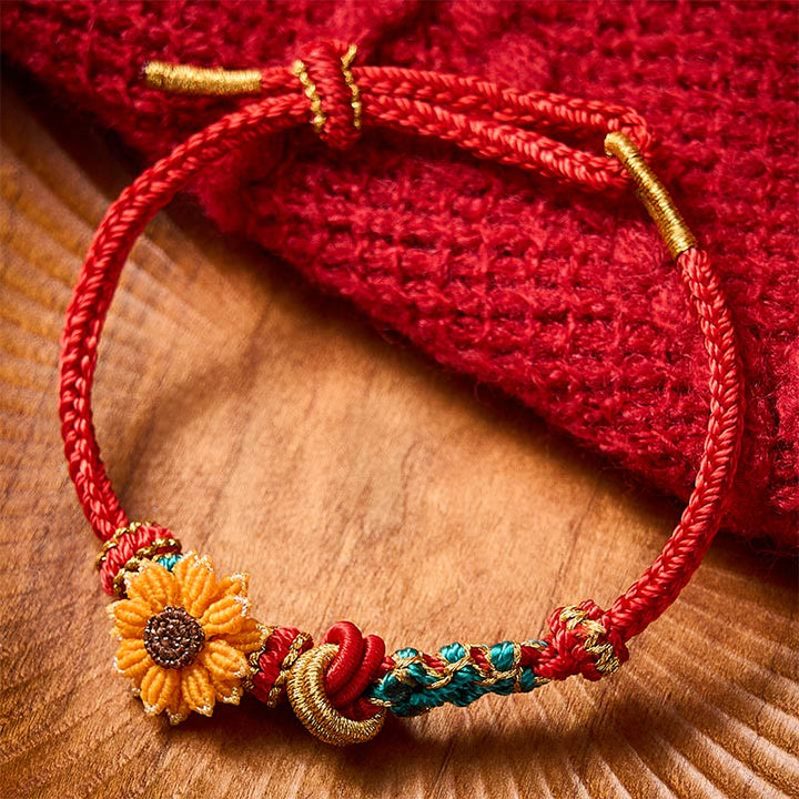 Buddha Stones Pulsera de la suerte tejida a mano con hilo rojo, flor de durazno y girasol - image 12