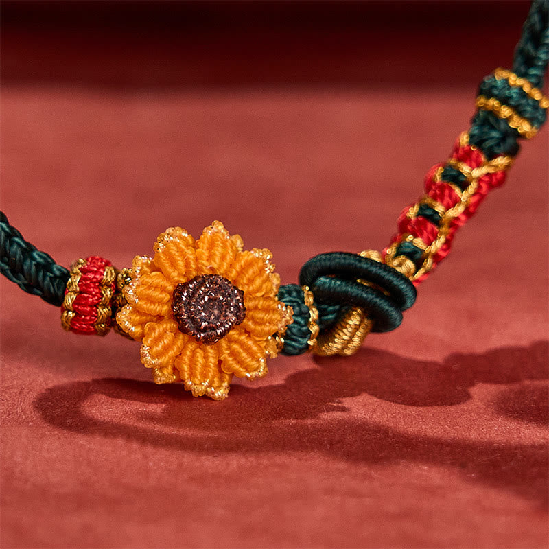 Buddha Stones Pulsera de la suerte tejida a mano con hilo rojo, flor de durazno y girasol - image 10