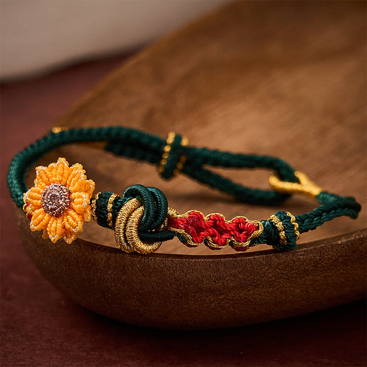 Buddha Stones Pulsera de la suerte tejida a mano con hilo rojo, flor de durazno y girasol - image 4