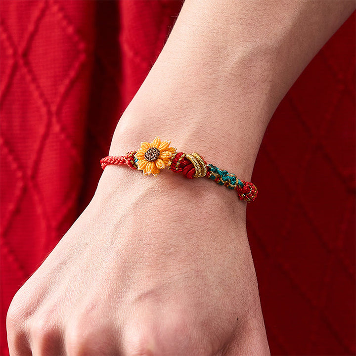 Buddha Stones Pulsera de la suerte tejida a mano con hilo rojo, flor de durazno y girasol - image 17