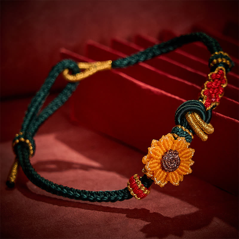 Buddha Stones Pulsera de la suerte tejida a mano con hilo rojo, flor de durazno y girasol - image 3