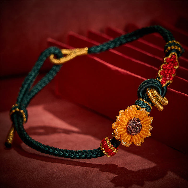 Buddha Stones Pulsera de la suerte tejida a mano con hilo rojo, flor de durazno y girasol - image 3