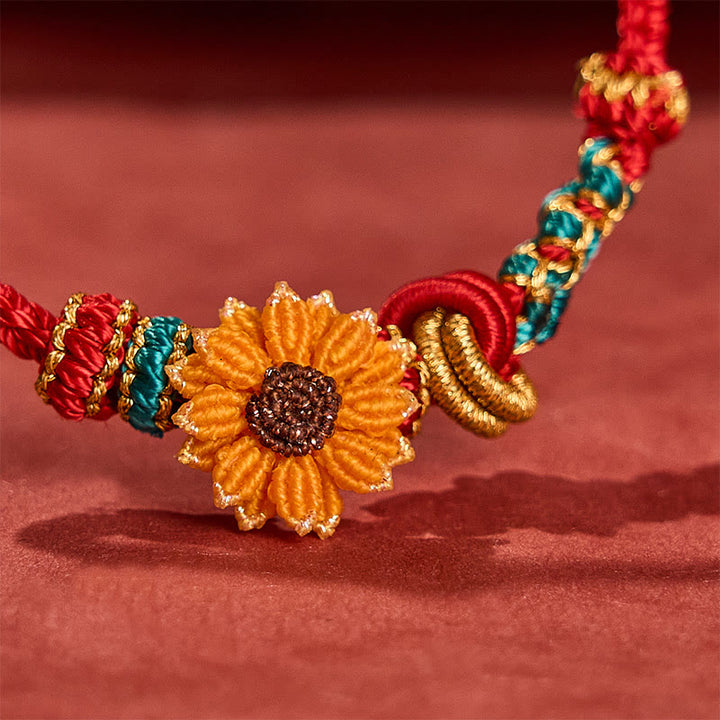 Buddha Stones Pulsera de la suerte tejida a mano con hilo rojo, flor de durazno y girasol - image 18