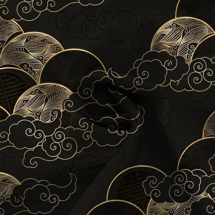 Buddha Stones Camisa transpirable de manga corta para hombre con botones y estampado de nubes doradas y olas lunares. - image 4