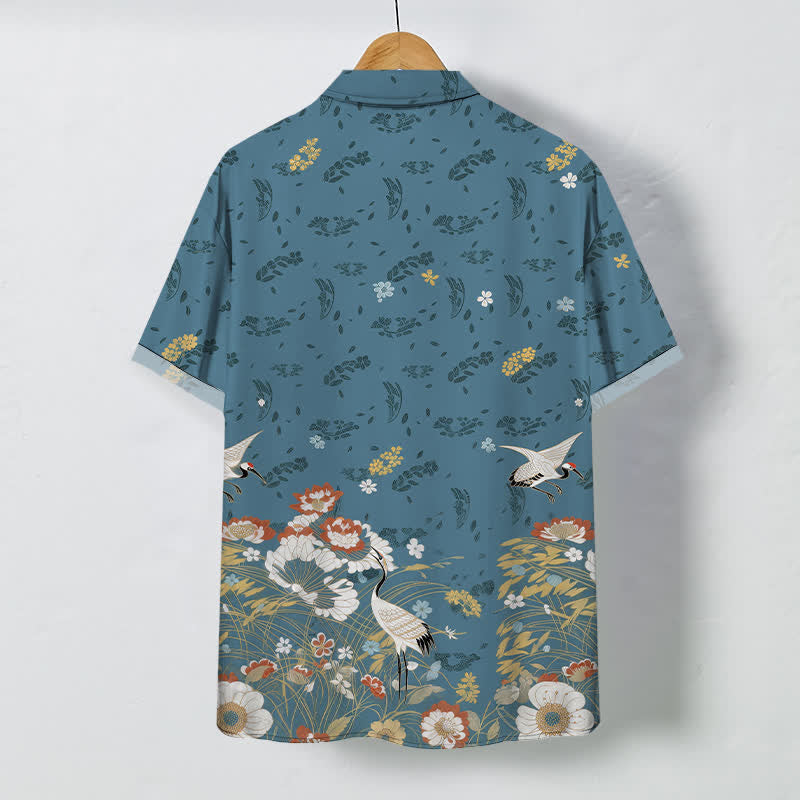Buddha Stones Camisa transpirable de manga corta para hombre con botones y estampado floral de grullas - image 1