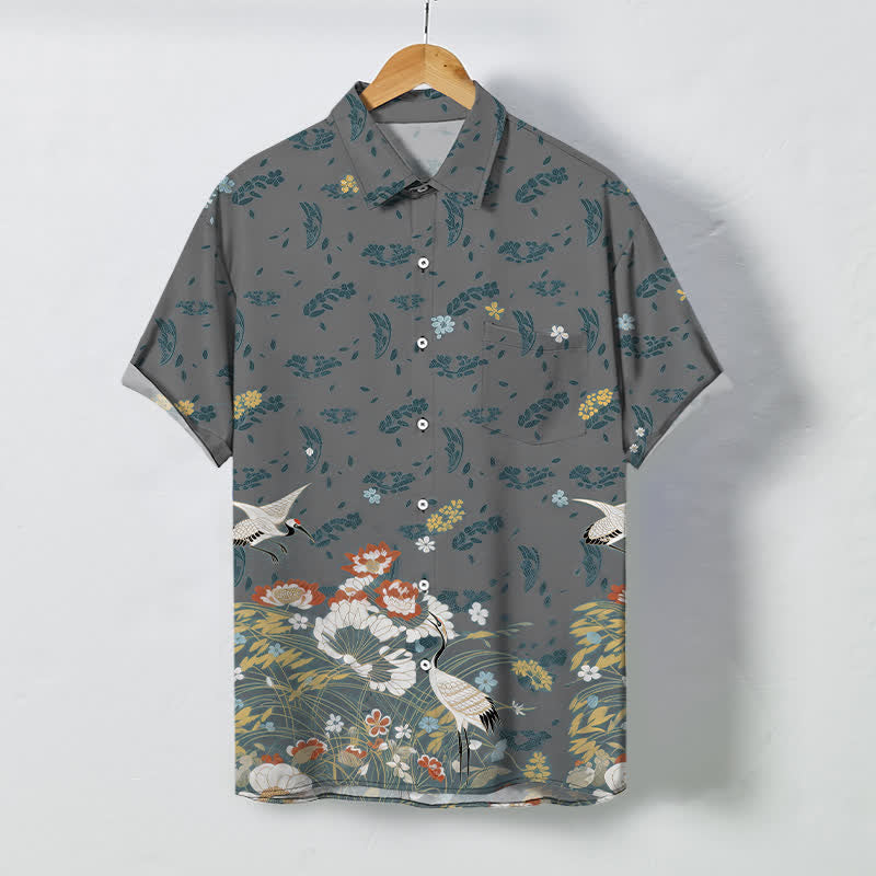 Buddha Stones Camisa transpirable de manga corta para hombre con botones y estampado floral de grullas - Gris - US/UK/AU48, UE58 (4XL) - image 5