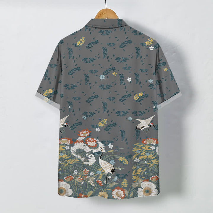 Buddha Stones Camisa transpirable de manga corta para hombre con botones y estampado floral de grullas - image 6