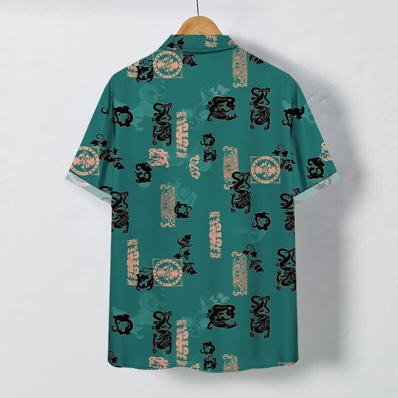 Buddha Stones Camisa de manga corta transpirable para hombre con botones y estampado de letras en color verde azulado vintage - image 1