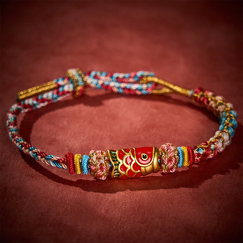 Buddha Stones Pulsera de cuerda tejida a mano con diseño de flor de durazno y pez koi para el éxito - image 1