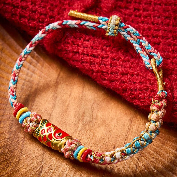 Buddha Stones Pulsera de cuerda tejida a mano con diseño de flor de durazno y pez koi para el éxito - Pez Koi (Circunferencia de la muñeca: 5,51-7,48 pulgadas / 14-19 cm) - image 0