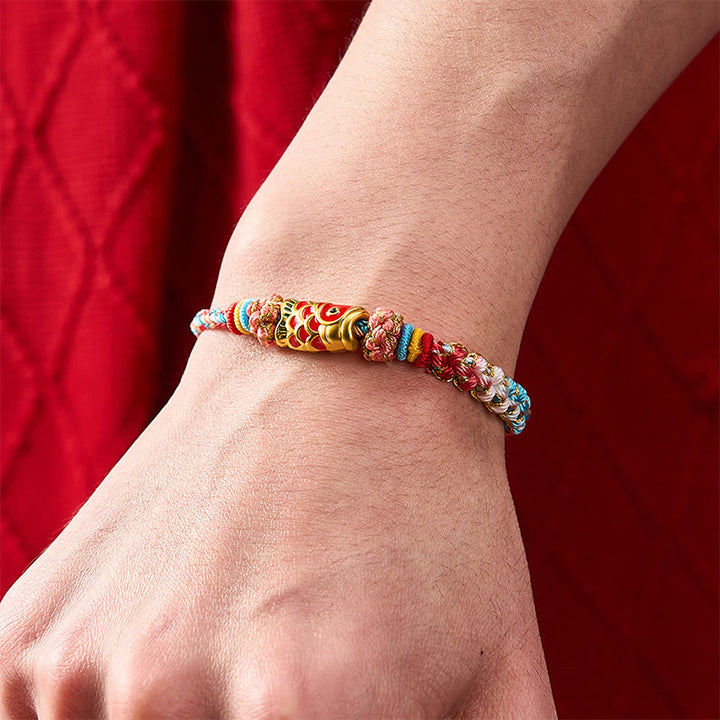 Buddha Stones Pulsera de cuerda tejida a mano con diseño de flor de durazno y pez koi para el éxito - image 4