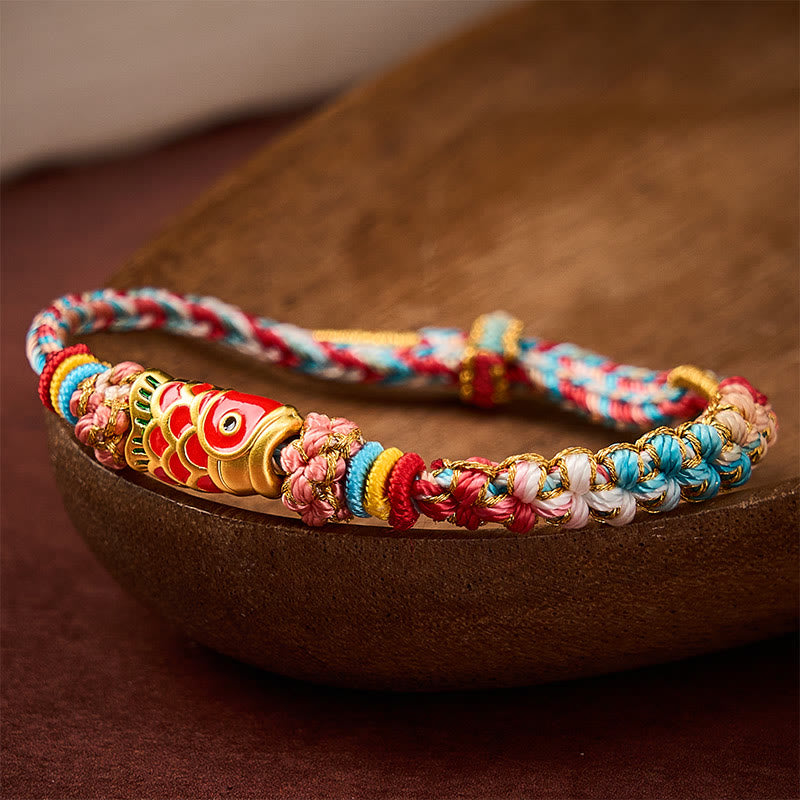 Buddha Stones Pulsera de cuerda tejida a mano con diseño de flor de durazno y pez koi para el éxito - image 3