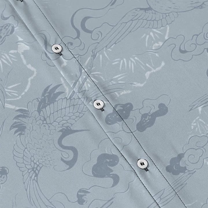 Buddha Stones Camisa transpirable de manga corta para hombre con botones y estampado de grullas en las nubes - image 3