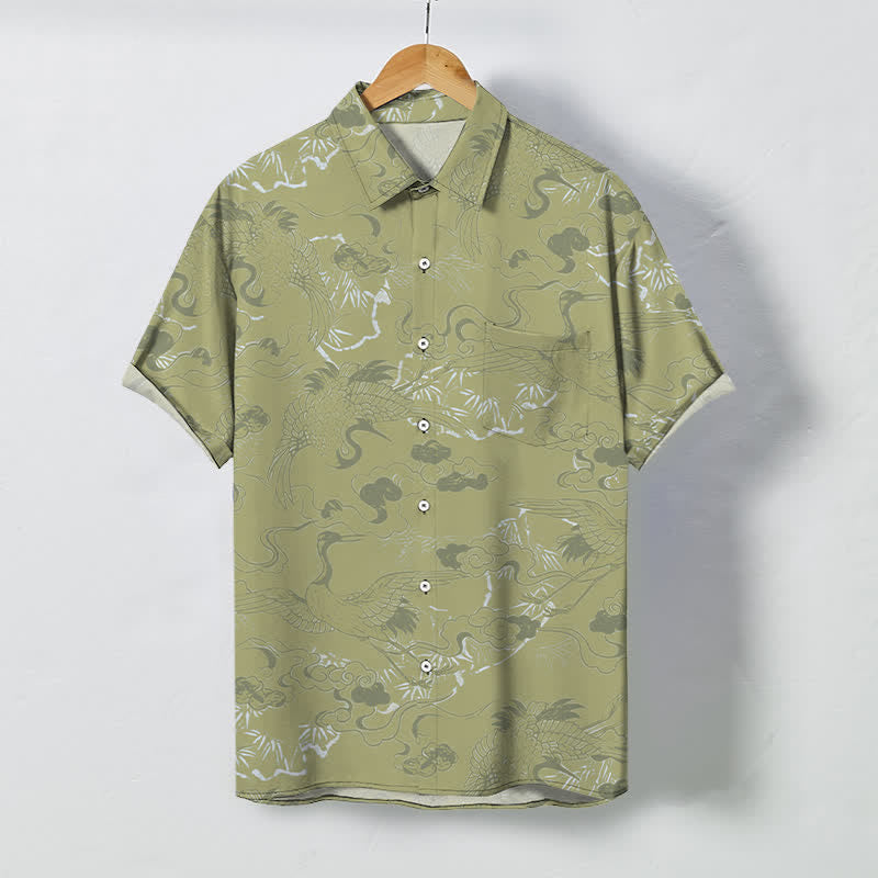 Buddha Stones Camisa transpirable de manga corta para hombre con botones y estampado de grullas en las nubes - Verde amarillento - US/UK/AU48, UE58 (4XL) - image 5