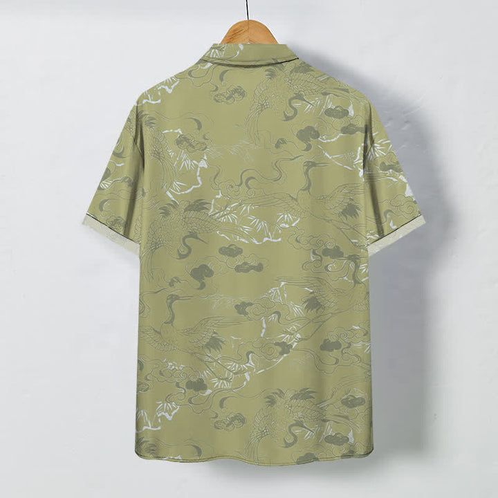 Buddha Stones Camisa transpirable de manga corta para hombre con botones y estampado de grullas en las nubes - image 6