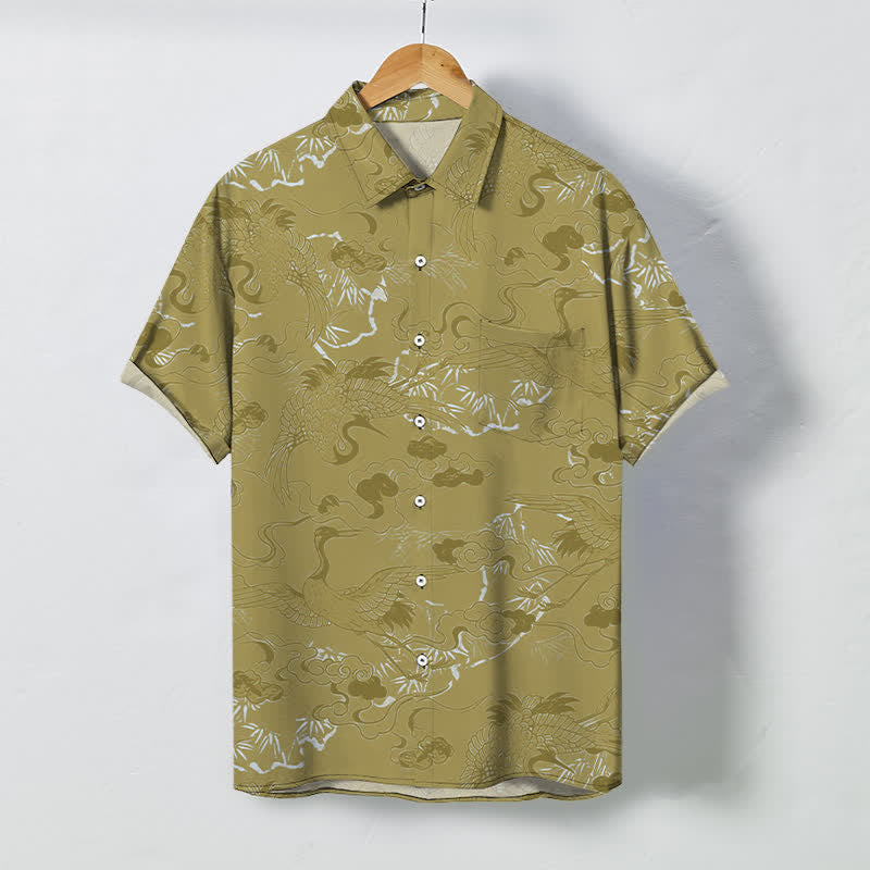 Buddha Stones Camisa transpirable de manga corta para hombre con botones y estampado de grullas en las nubes - Caqui oscuro - US/UK/AU48, UE58 (4XL) - image 7