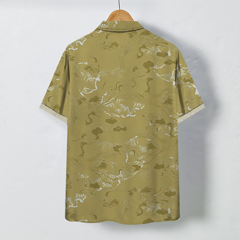 Buddha Stones Camisa transpirable de manga corta para hombre con botones y estampado de grullas en las nubes - image 8