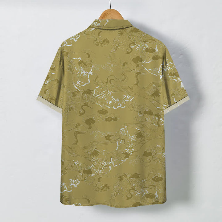 Buddha Stones Camisa transpirable de manga corta para hombre con botones y estampado de grullas en las nubes - image 8