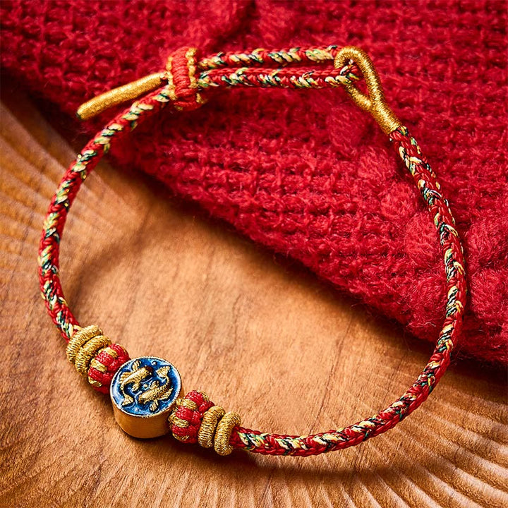 Buddha Stones Pulsera de cuerda tejida a mano con doble pez koi dorado para mayor resistencia - Rojo (Circunferencia de la muñeca: 5,51-7,48 pulgadas / 14-19 cm) - image 14