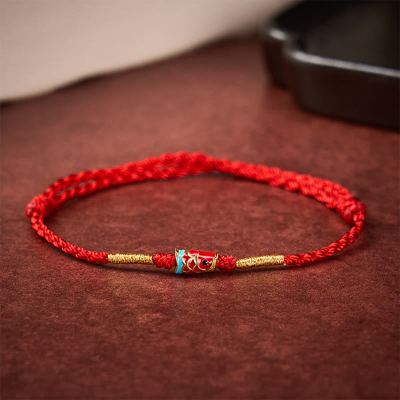 Buddha Stones Pulsera ajustable de cobre con dije de pez koi de la suerte, tejida a mano en hilo rojo. - Peces Koi (Éxito ♥ Determinación) - image 0