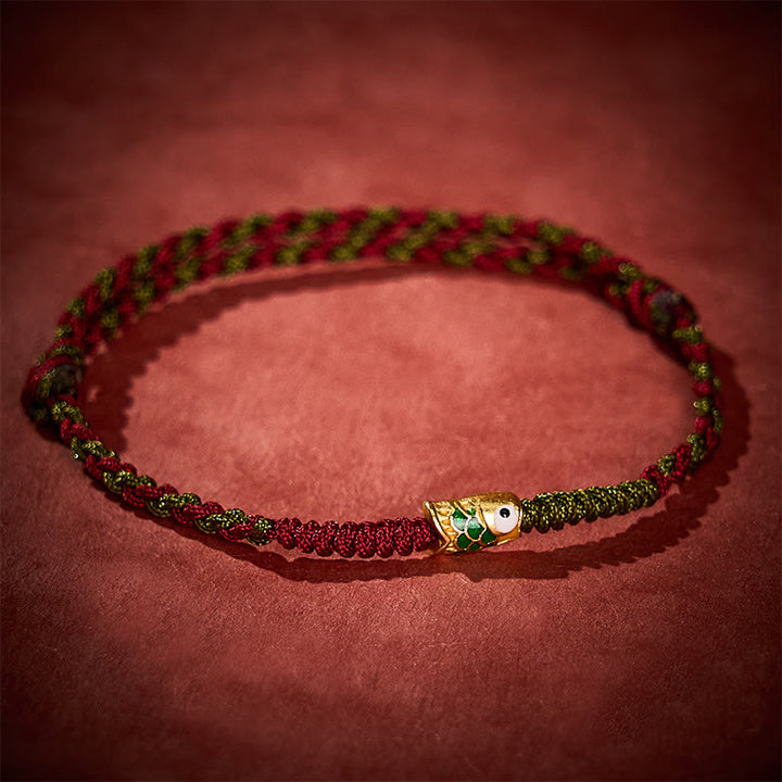 Buddha Stones Pulsera tobillera trenzada de hilo rojo y verde con diseño de pez koi para la buena suerte - image 3